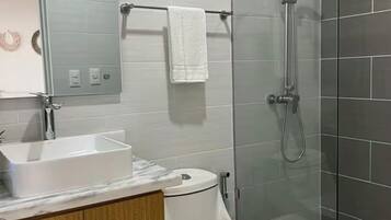 Hair dryer, towels, soap, toilet paper