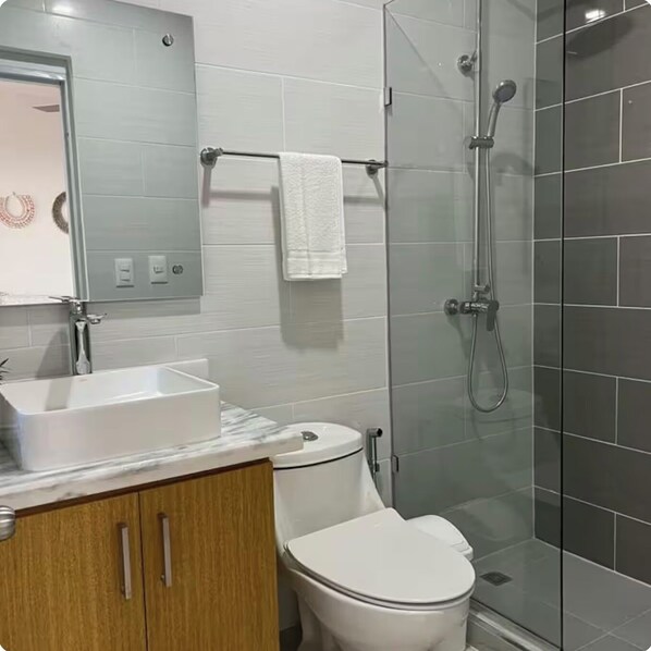 Hair dryer, towels, soap, toilet paper