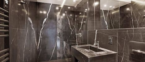 Douche, séchoir à cheveux, shampooing