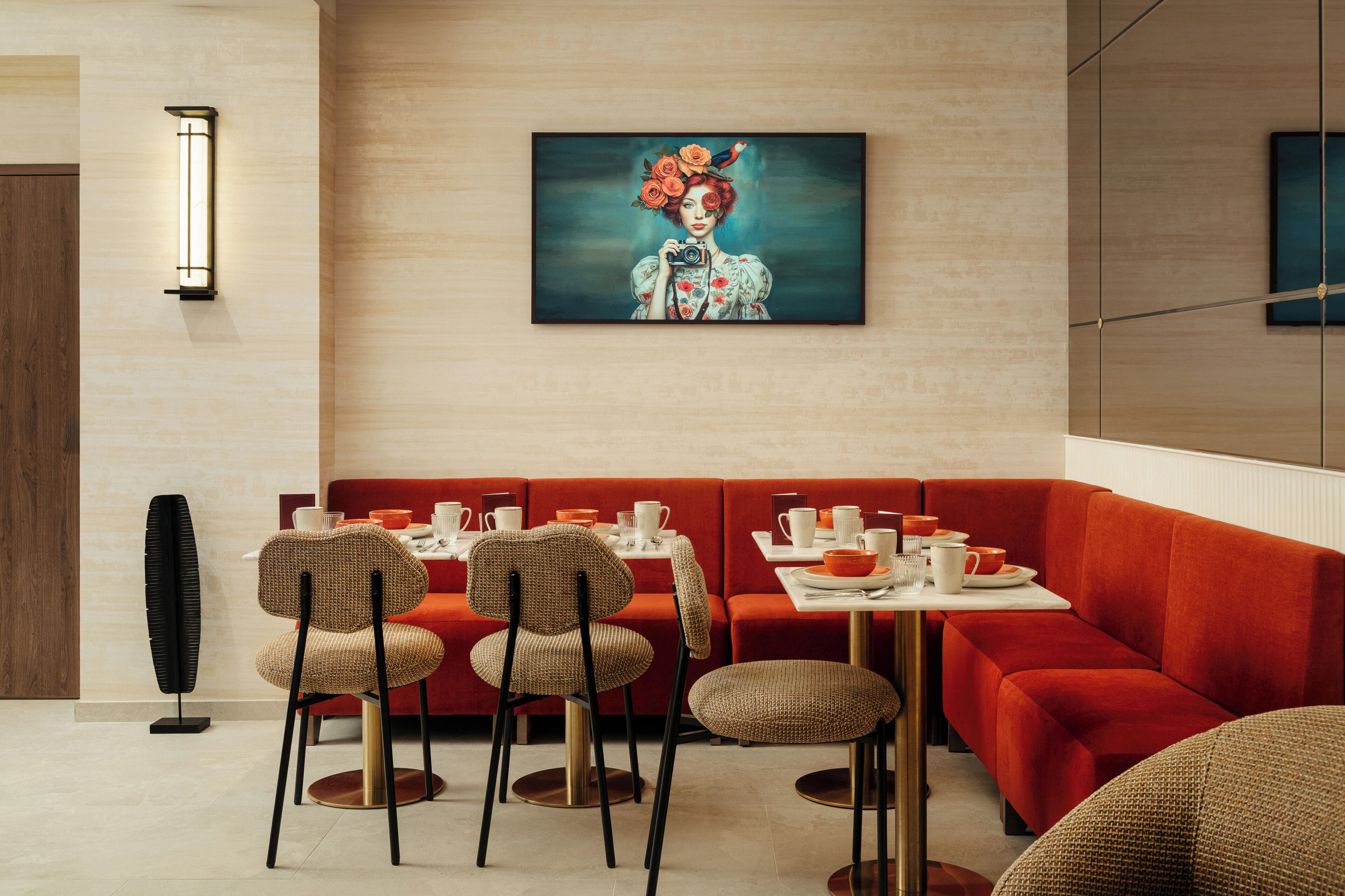 A modern dining area with a red booth, wicker chairs, and a table set for two.