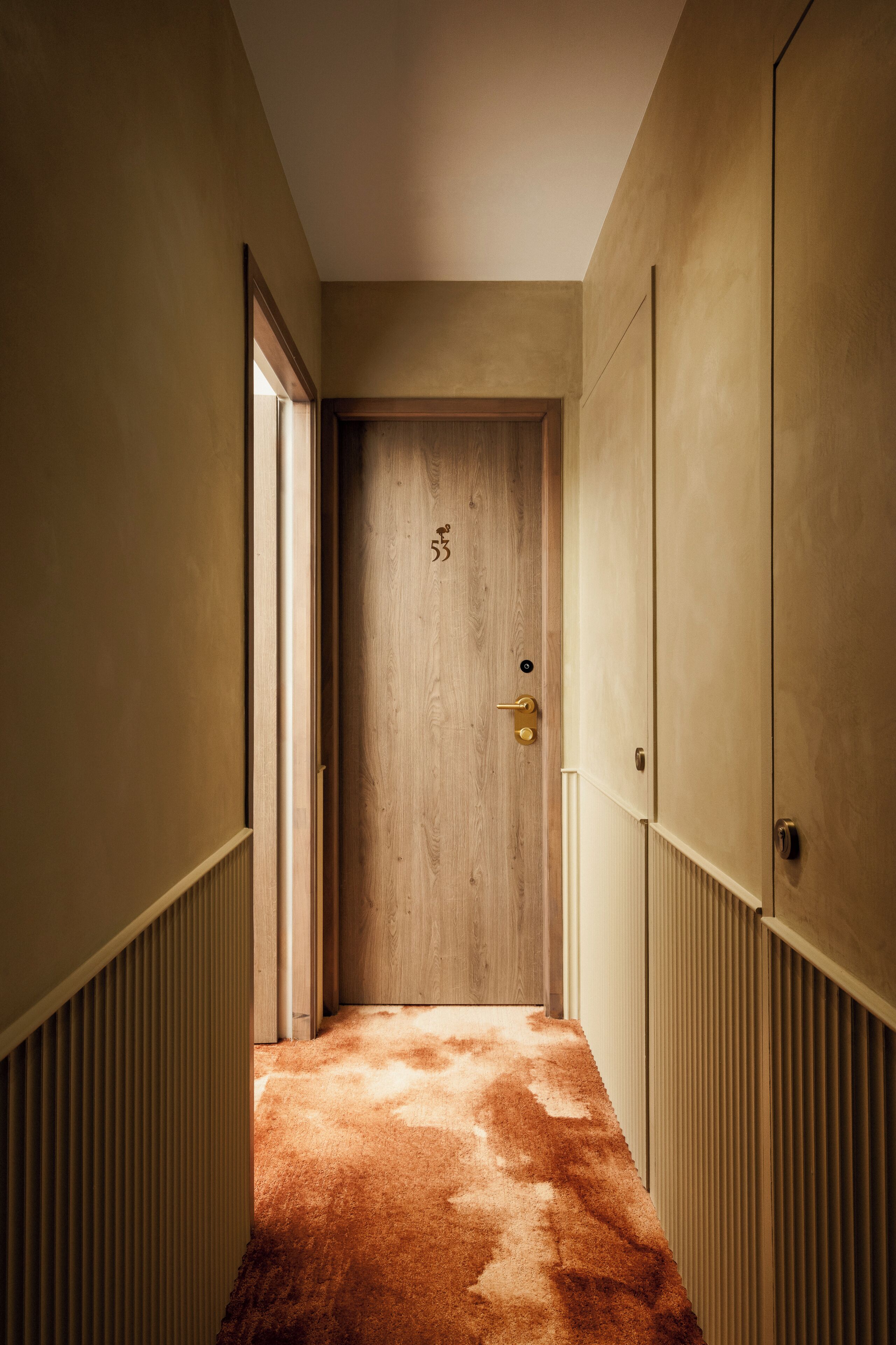 Un corridoio stretto con una porta in legno, pareti beige e un termosifone a sinistra.