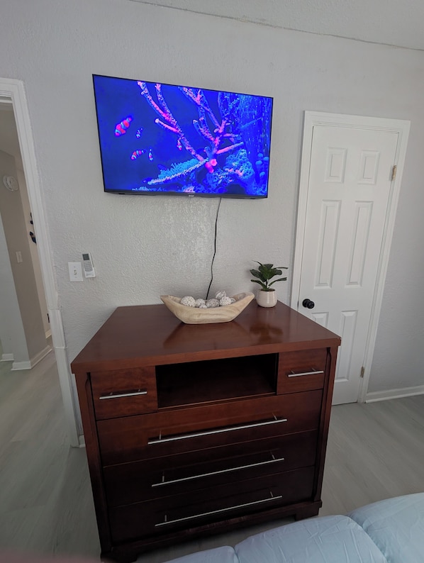 A living room with a TV mounted on the wall, a wooden cabinet with drawers, a small potted plant, and a white door.