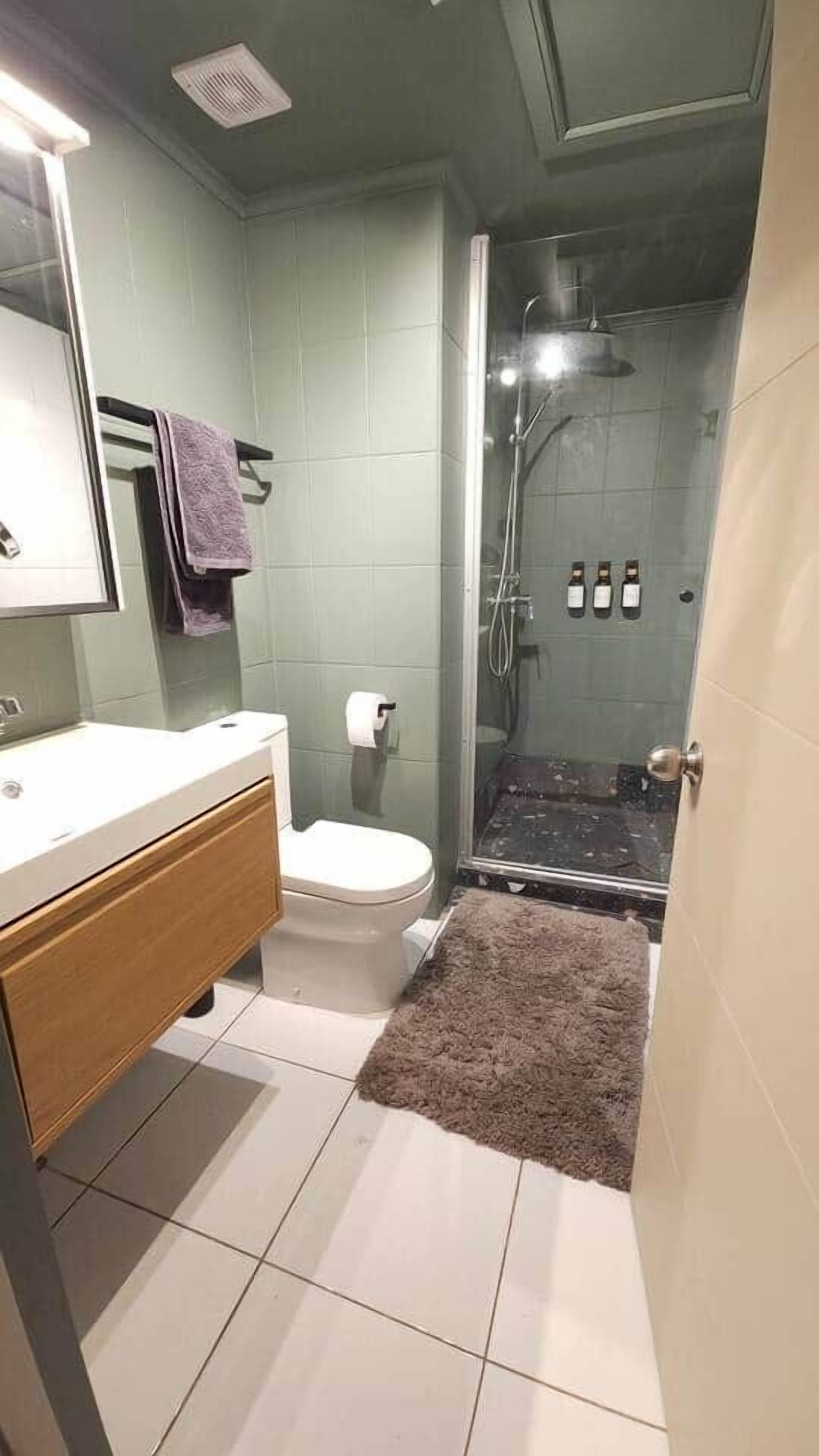 Hair dryer, towels, soap, shampoo