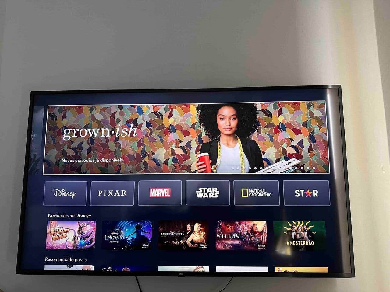 Ein Fernseher zeigt eine Streaming-Oberfläche mit den Logos von Disney, Pixar, Marvel, Star Wars, National Geographic und Star+R.