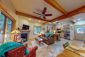 TV, fireplace - Riverview | Riverfront Wallowa Lake Retreat (Joseph)