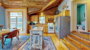 Fridge, microwave, oven, stovetop - "Sunrise" a lakefront retreat with stunning views, private dock, deck, full kitchen, and cozy spaces—perfect for a relaxing Wallowa Lake getaway! (Joseph)