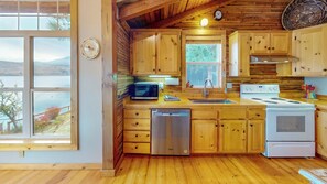Fridge, microwave, oven, stovetop - "Sunrise" a lakefront retreat with stunning views, private dock, deck, full kitchen, and cozy spaces—perfect for a relaxing Wallowa Lake getaway! (Joseph)