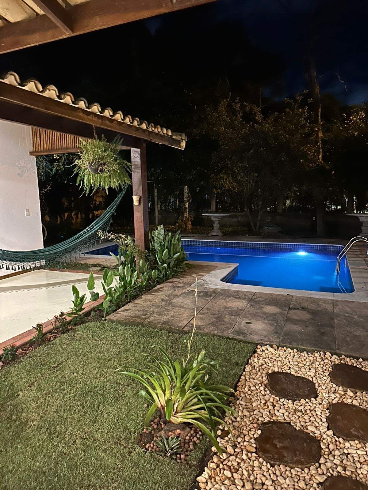 Una piscina con bordo piastrellato, circondata da un giardino con erba, piante e un'amaca.