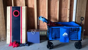 Une pièce aux murs en bois, avec un chariot de rangement bleu, un sac bleu et une boîte rouge et noire.