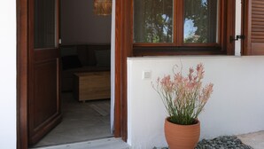 Una puerta que da a una habitación con una cama, una planta en maceta y una ventana con persianas.