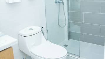 Hair dryer, towels, soap, toilet paper