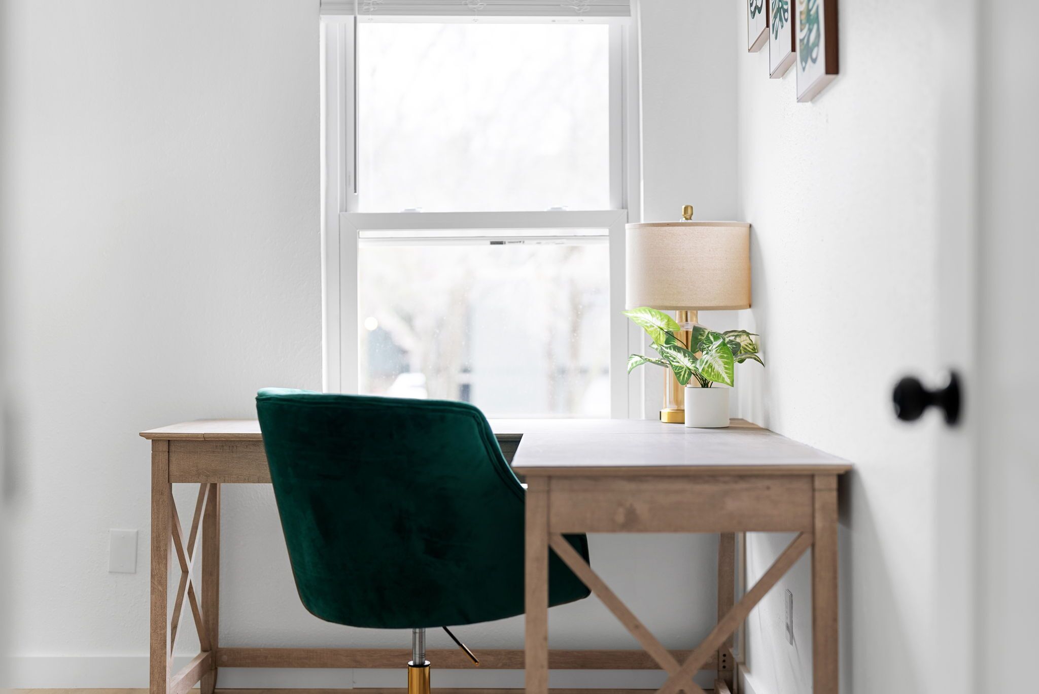 A room with a wooden desk, a green chair, a lamp, and a potted plant.