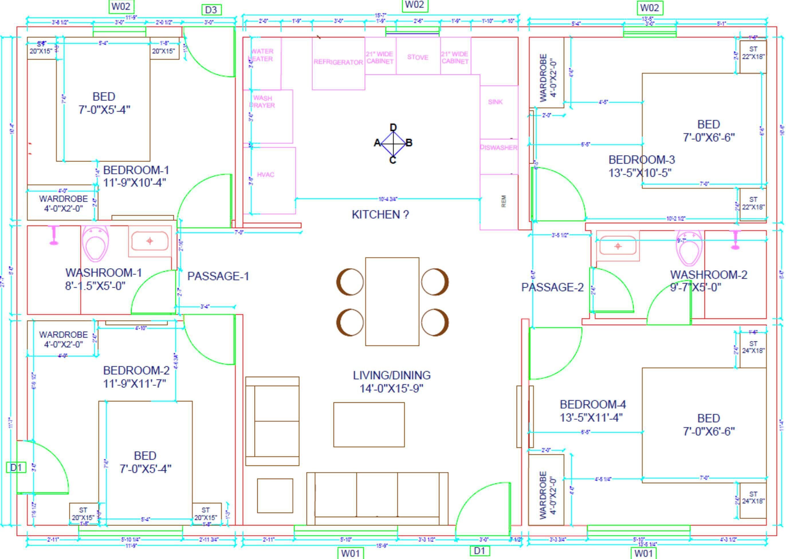 A floor plan with four bedrooms, two bathrooms, a kitchen, and a living/dining area.