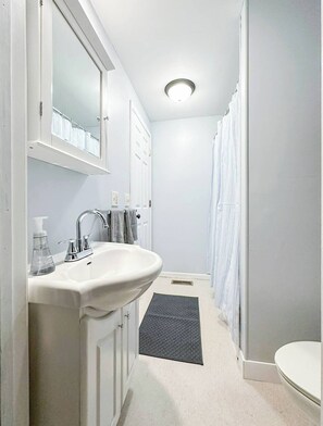 Bathroom - Enjoy the entire main level of this Historic Victorian duplex form the 1800's. Located in the heart of Cambridge. Unwind in private 4 person sauna, qking size beds, quaint front porch and fully stocked kitchen. Walk to everything in town. (Cambridge)