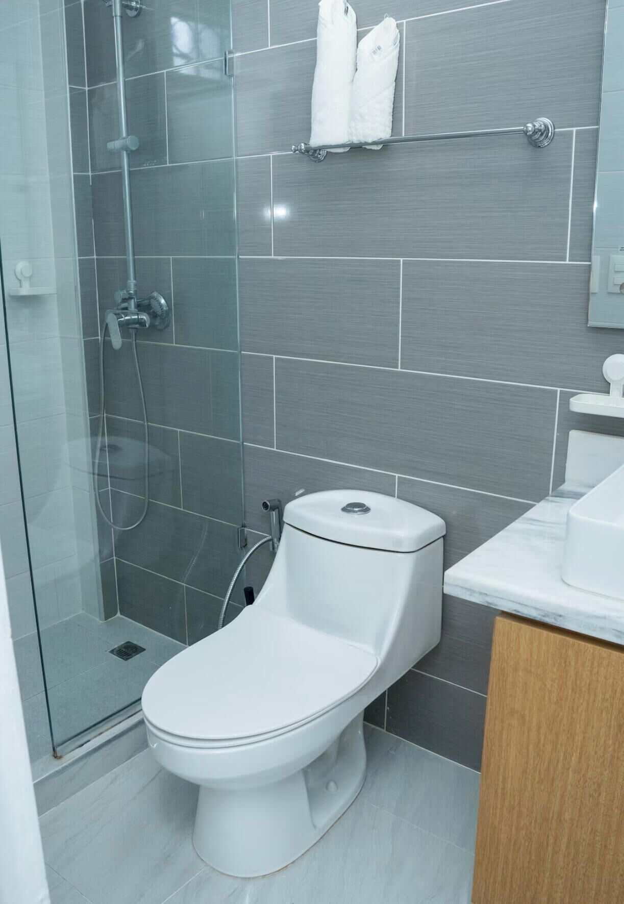 Hair dryer, towels, soap, toilet paper