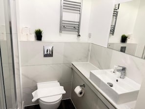 Douche, serviettes fournies, savon, shampoing