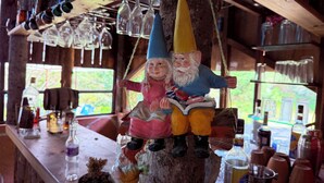 A rustic interior with wooden shelves holding wine glasses and bottles, a small tree with gnome figurines, and a window with a view of greenery. - Cabañas D Güereo By GEstores (Mineral del Chico)