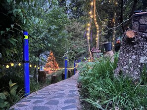 A pathway lined with blue poles and string lights, leading through a garden with trees and potted plants. - Cabañas D Güereo By GEstores (Mineral del Chico)