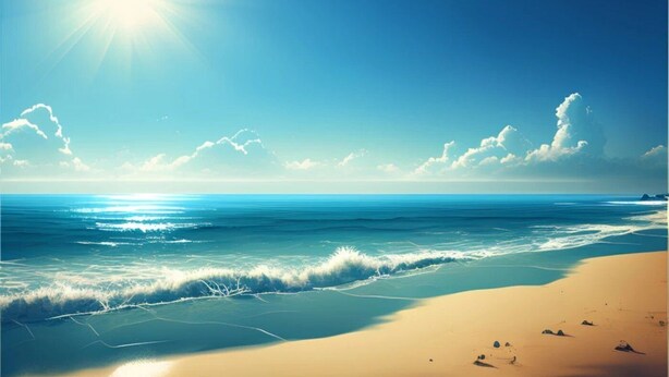 Una spiaggia con cielo sereno e sole.