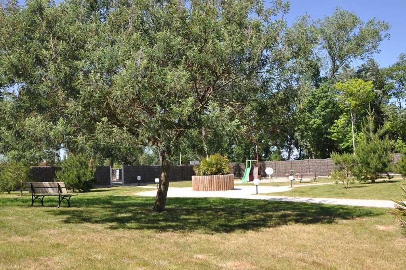 Ein Park mit einem Spielplatz, Bänken und einem großen Baum.