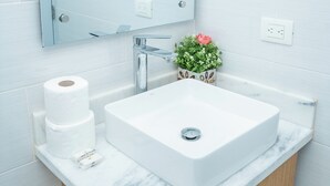 Un baño con un lavamanos blanco, un espejo y una pequeña planta en maceta.