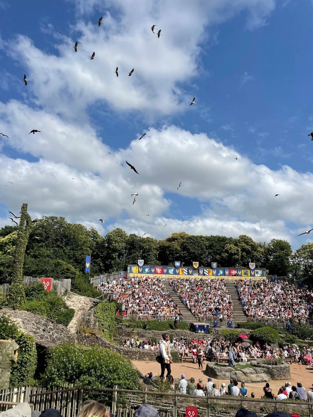 A large outdoor amphitheater with tiered seating and a stage, surrounded by trees and flags.