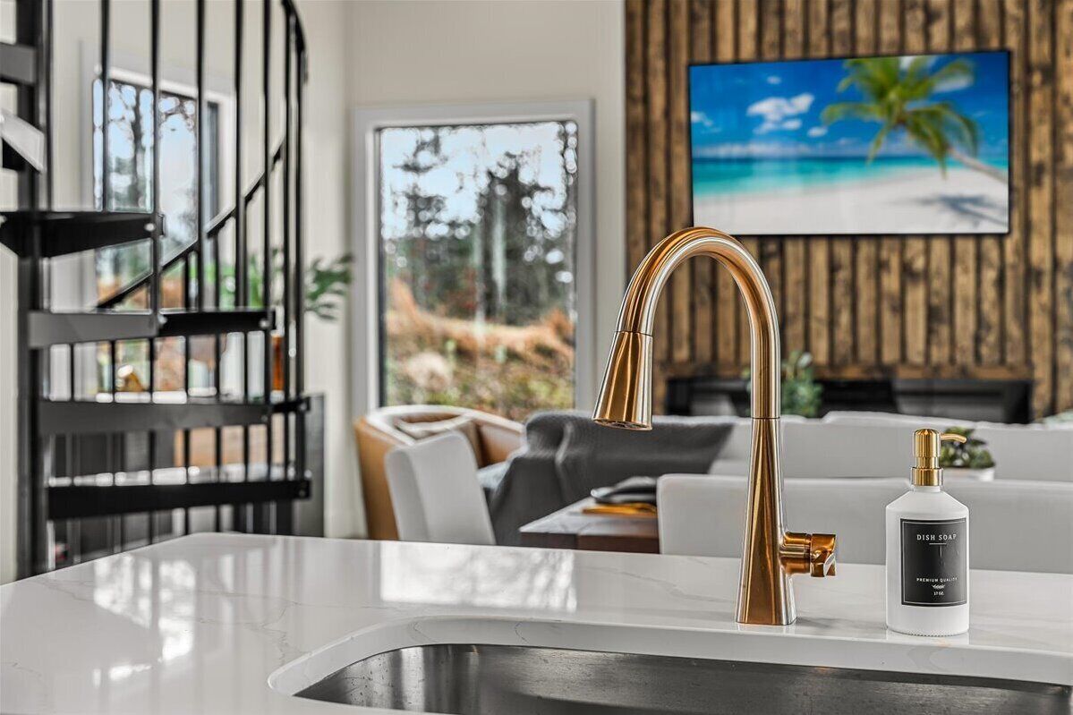 A modern kitchen with a gold faucet, a white dish soap bottle, and a wooden wall with a TV displaying a beach scene.