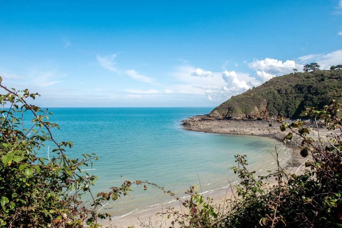 A coastal landscape with clear blue water, a sandy beach, and a hill with dense vegetation.