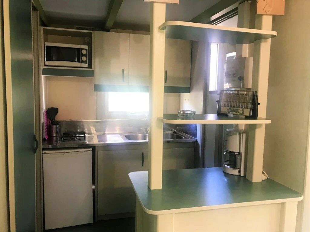 A compact kitchen with a microwave, sink, and a small refrigerator.
