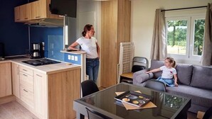 A modern kitchen with wooden cabinets, a dining table with a glass top, and a sofa in a living area with a window. - ZEcamping 4* espace bien-être avec jacuzzi et sauna cadre verdoyant (Caro)