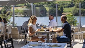 Een terras met tafels en stoelen, met uitzicht op water en groen.