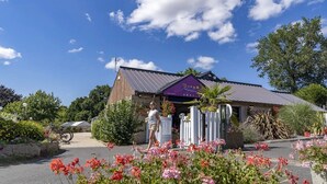 Ein rustikales Gebäude mit einem Metall-Dach und einer violetten Markise, umgeben von üppigem Grün und blühenden Pflanzen.