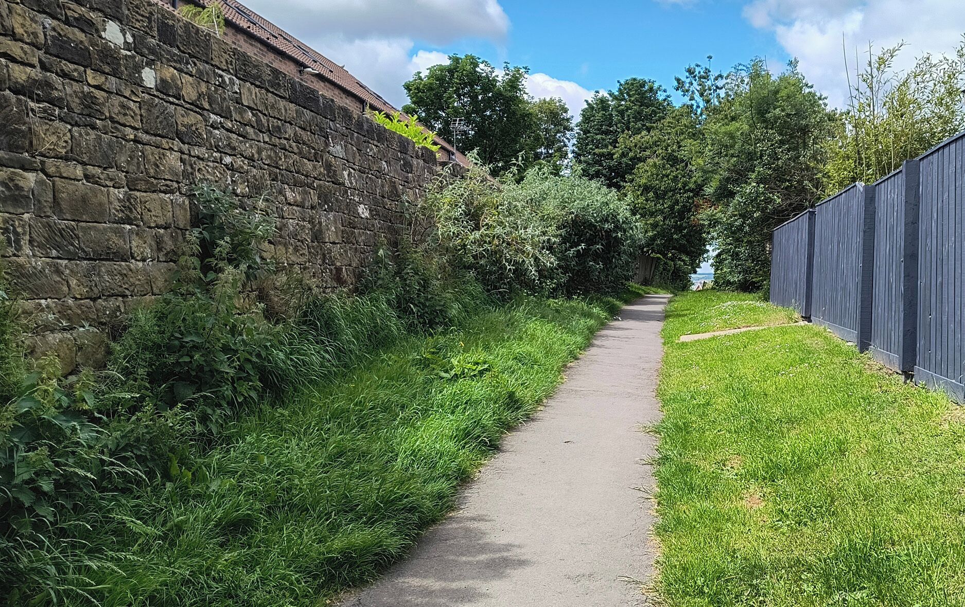 A narrow paved path flanked by a stone wall and a wooden fence, leading through a green area with trees and bushes.