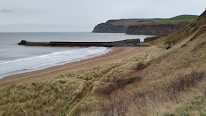 A coastal landscape with a sandy beach, grassy terrain, and a cliff. - Cliffe Cottage (Saltburn-by-the-Sea)
