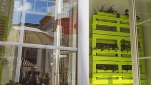 A bright interior with a large window, a green plant stand, and a checkered floor. - Very Typical - Alojamento Local (Elvas)