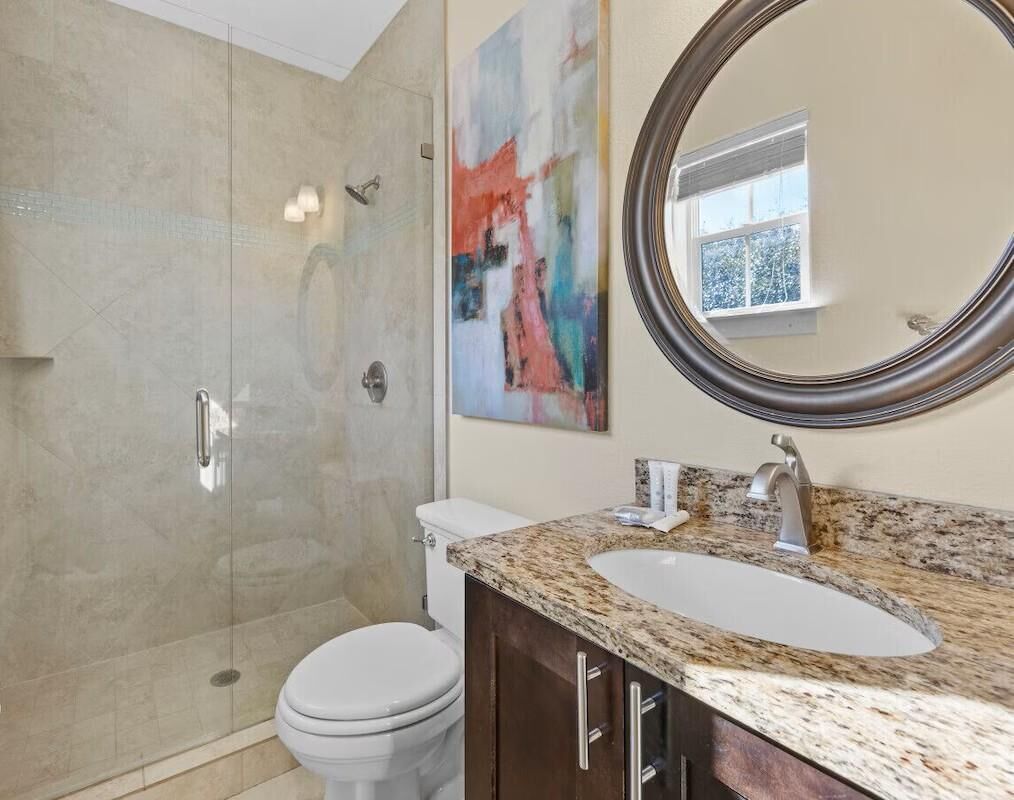 Une salle de bain avec une douche à parois de verre, des toilettes blanches, un lavabo sur un plan de travail en granit et un grand miroir.