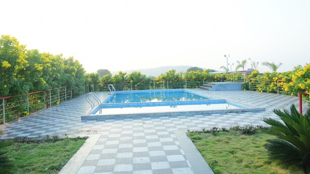 Une piscine rectangulaire, bordée d’une allée carrelée à motifs de damier, entourée de verdure et de plantes à fleurs jaunes.