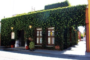 Un edificio con facciata ricoperta d'edera verde, un ingresso ben visibile con un cartello e una strada pavimentata di fronte.