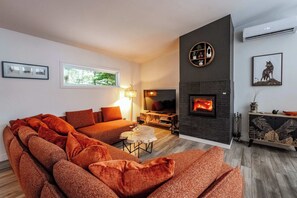 Televisión, chimenea, reproductor de DVD y estéreo 