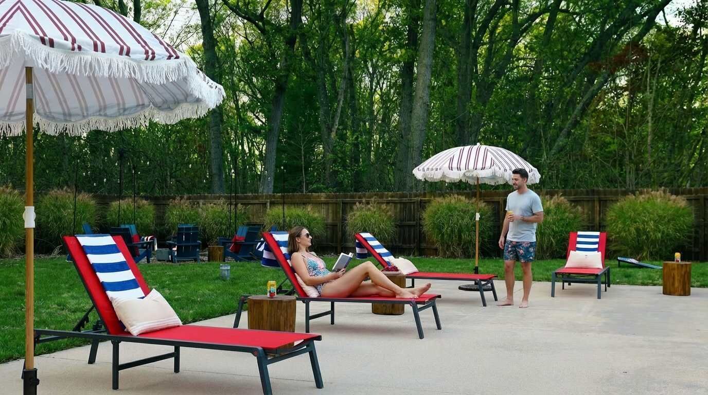 A poolside area with lounge chairs and umbrellas.
