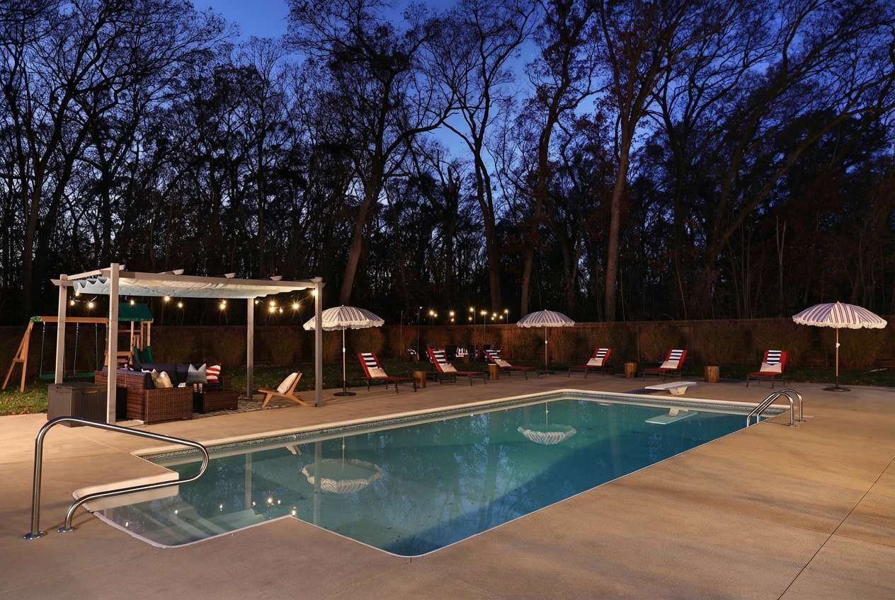 A swimming pool with lounge chairs and umbrellas, surrounded by trees.