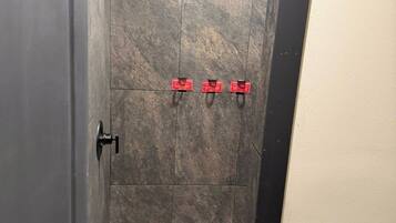 Shower, free toiletries, towels, soap