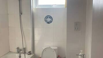 Hair dryer, towels, soap, toilet paper