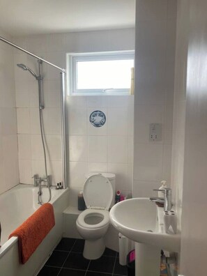 Hair dryer, towels, soap, toilet paper