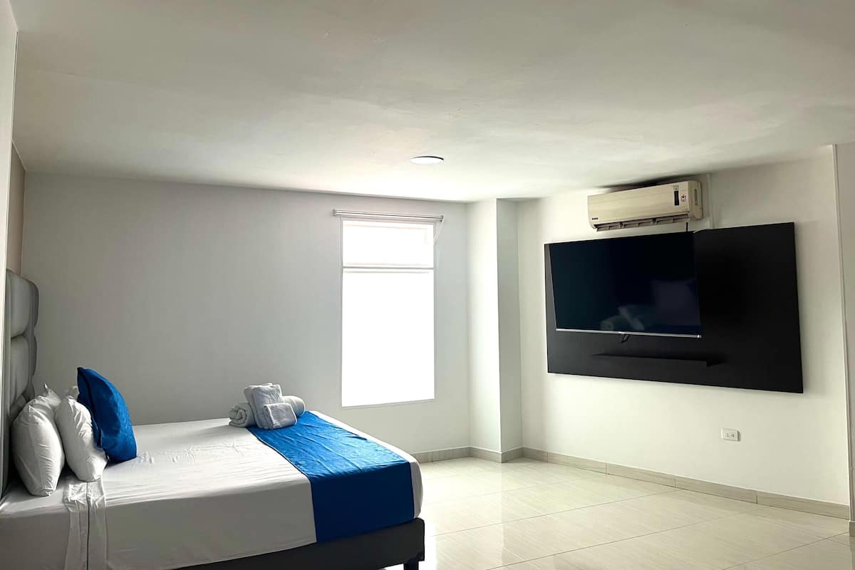 Ein Schlafzimmer mit einem Bett, einem flachbildfernseher an der Wand und einer Klimaanlage darüber.