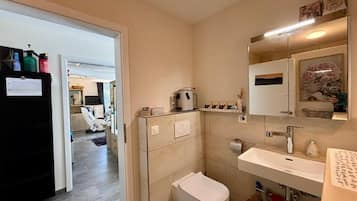 Hair dryer, towels, soap, toilet paper