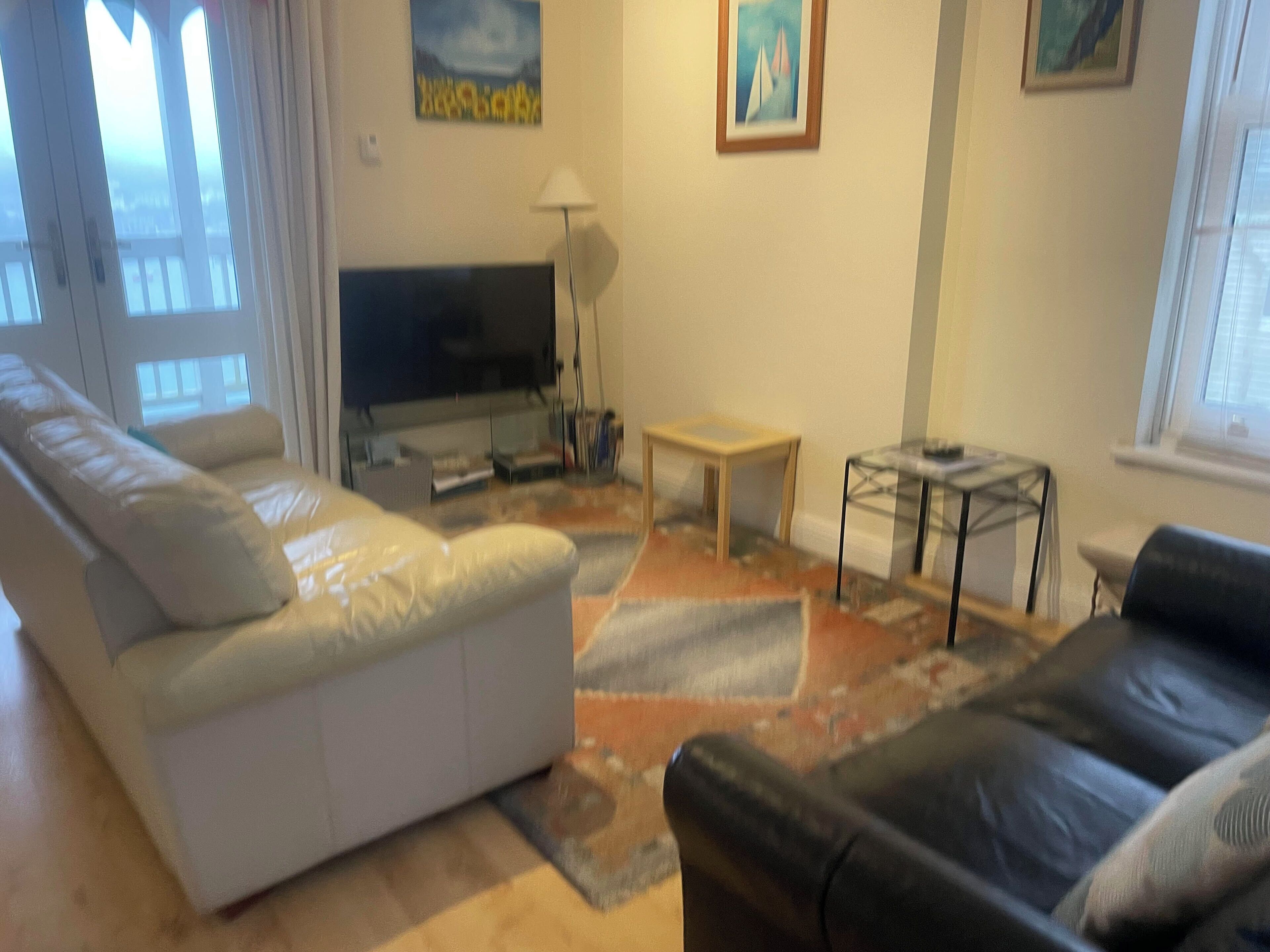Una sala de estar con un sofá blanco, un sofá de cuero negro, una mesita y un televisor.