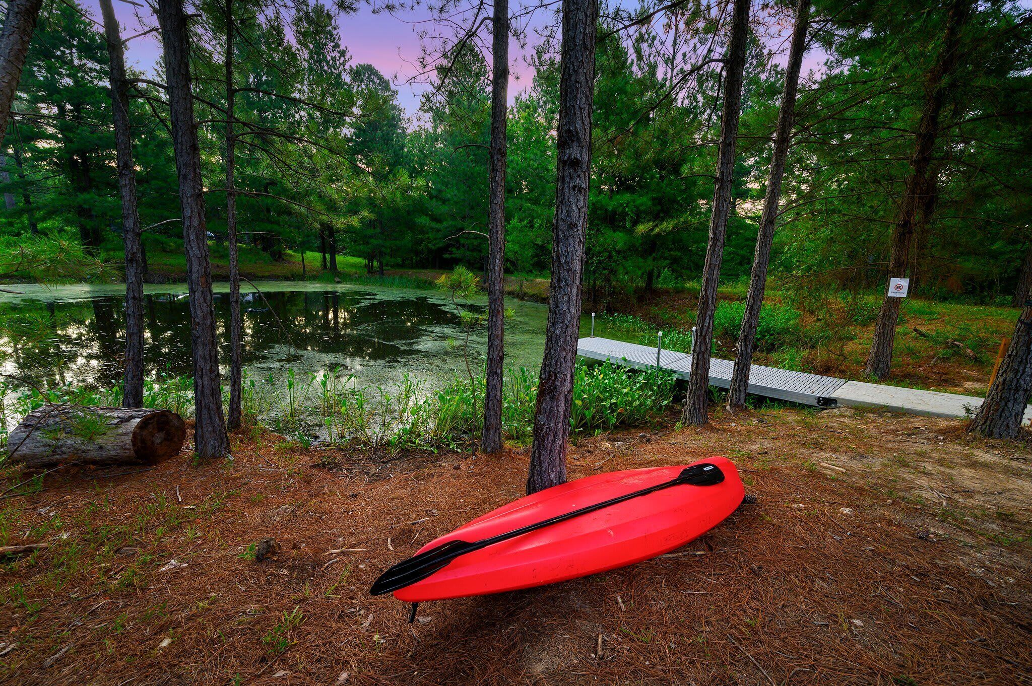 A red kayak on a forested area with a pond and a wooden dock.