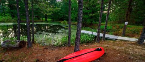 A red kayak on a forested area with a pond and a wooden dock.