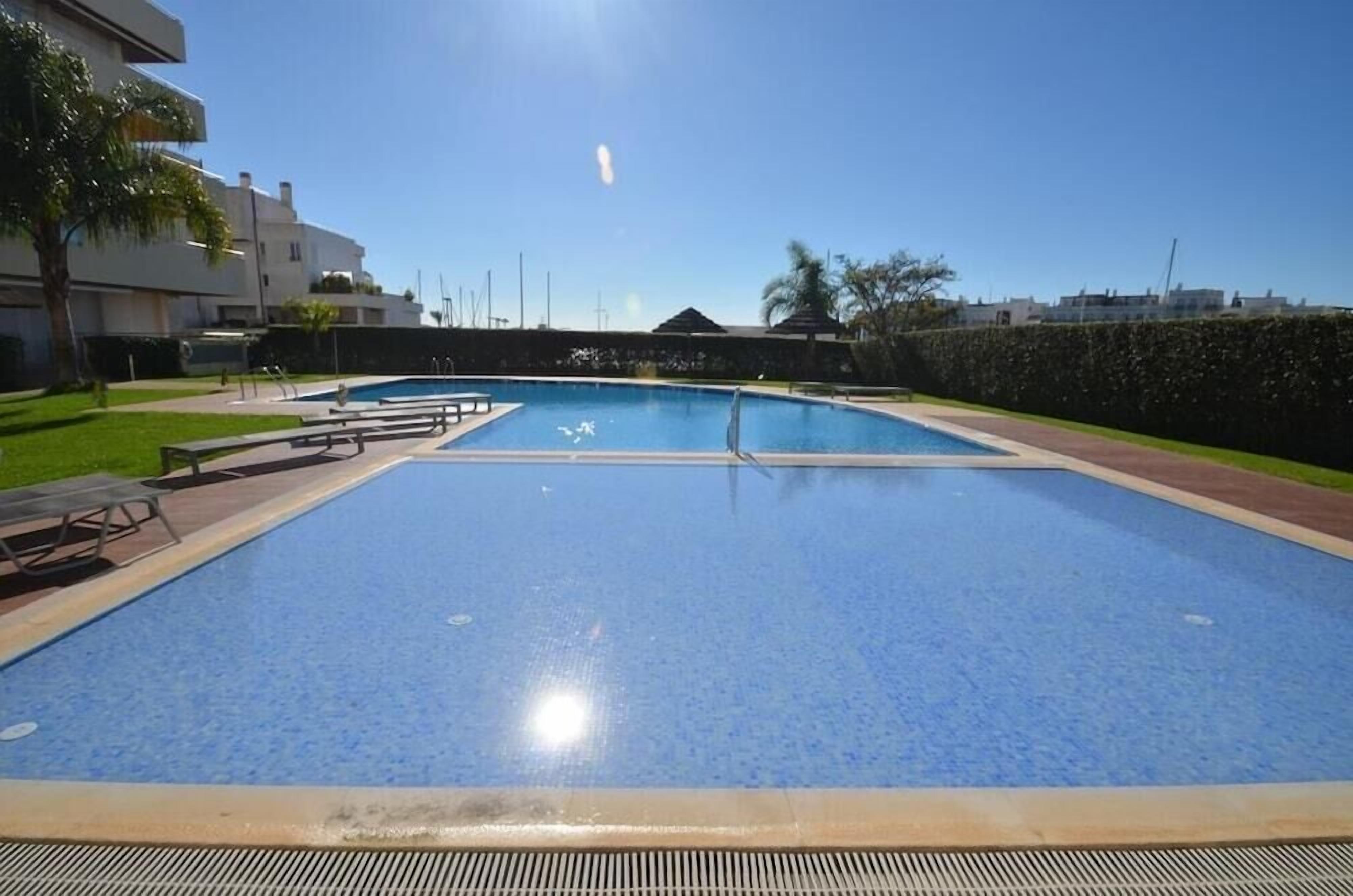 A rectangular swimming pool with a blue tiled surface, surrounded by a low hedge and a paved walkway.